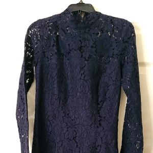 Navy Blue Knee Length Lace Dress